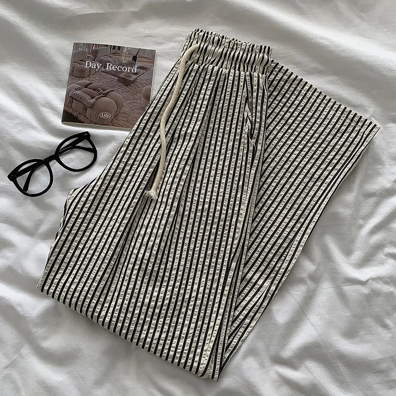 Korean Laid-ba Striped Drapey Casual Pants Women's High-waist Elastic Thin Straight Long Trousers Summer Faion Commute