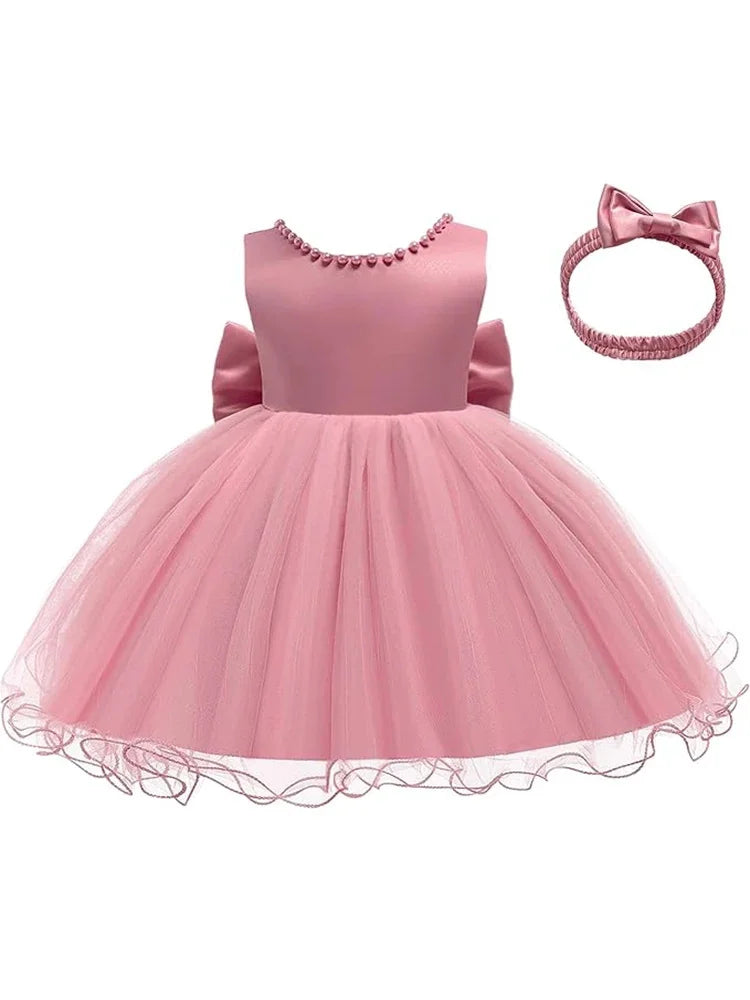 Baby Dresses For 1st Birthday Girls Party Dresses with Headwear Bowknot Toddler Girl Princess Dress Backless Kids Wedding Dress