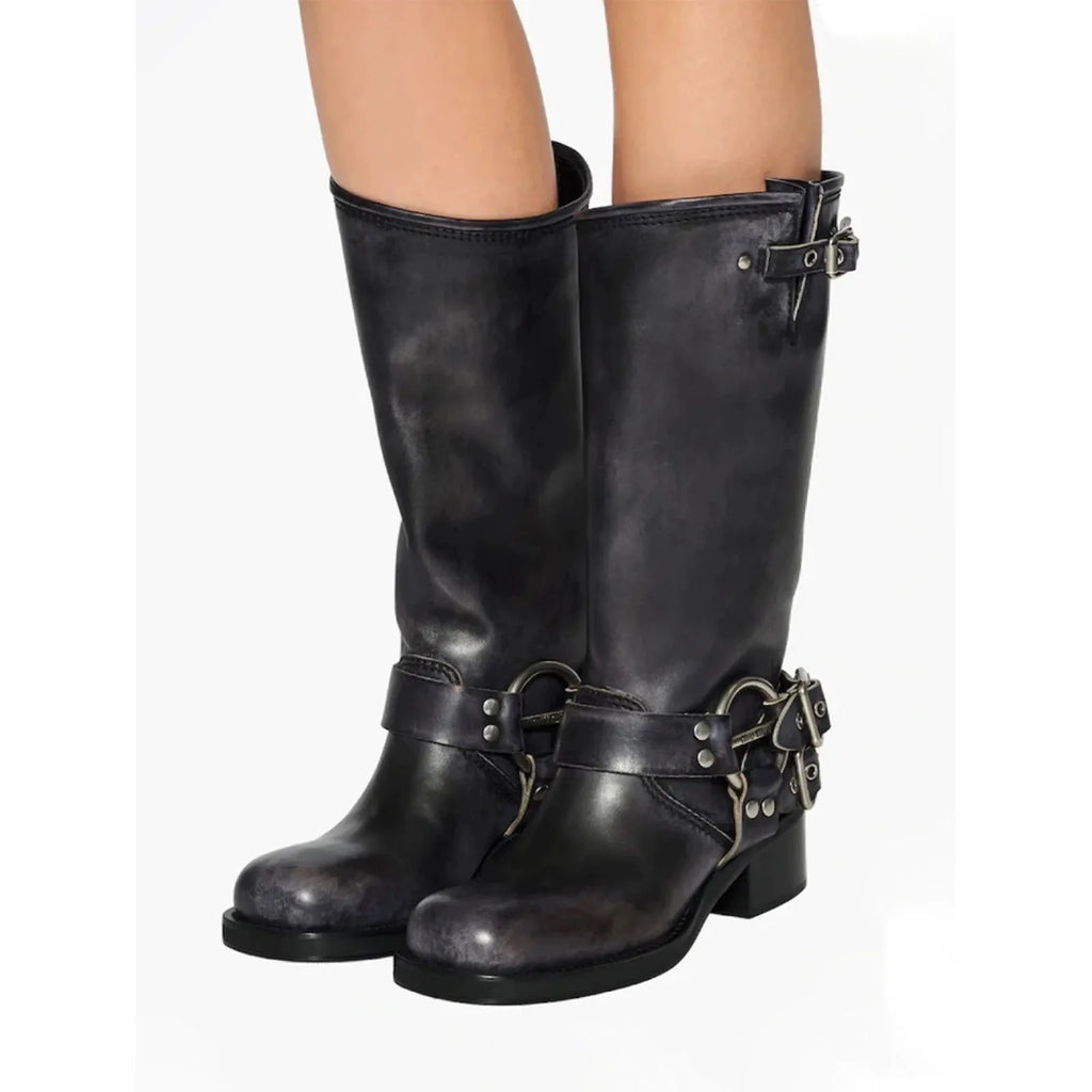 Arden Furtado 2025Autumn Brown Platform Motorcycle boots Round toe Belt buckle Slip-on Middle heel Knee high boots Western boots