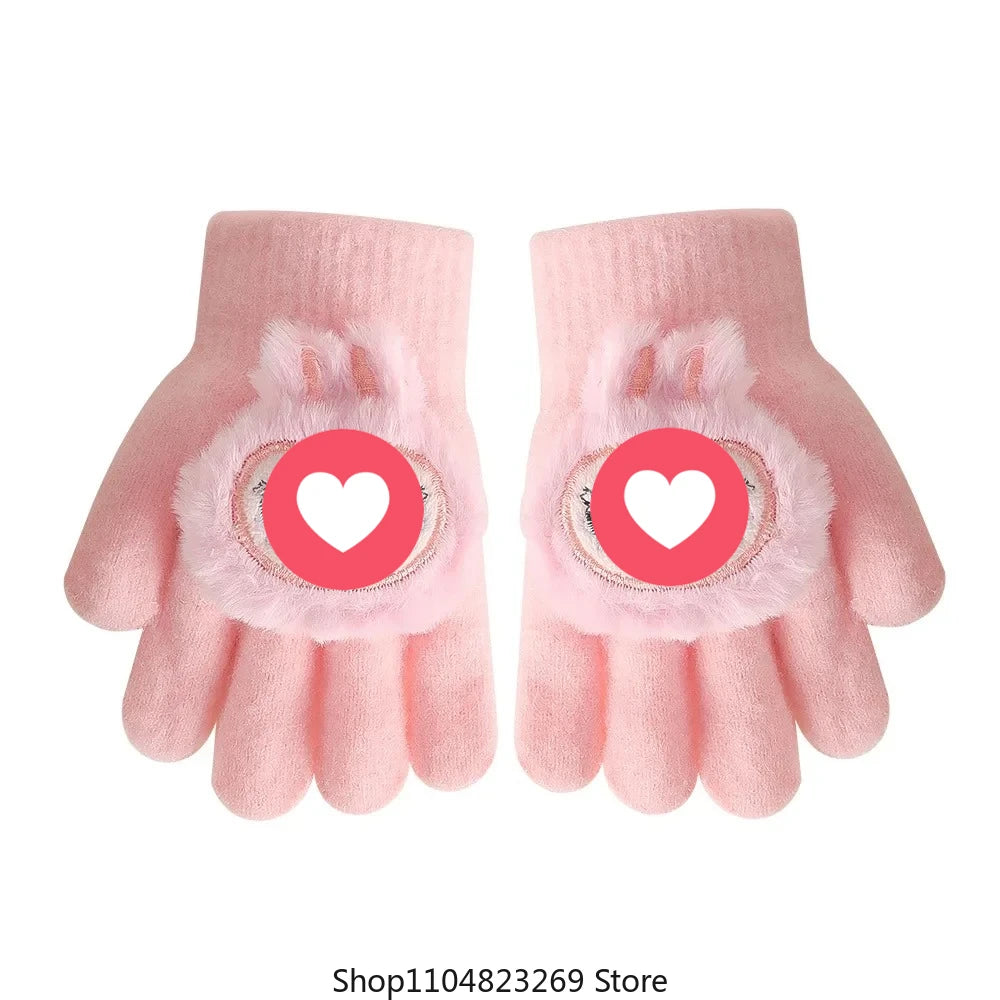 2025 New Children's Five-Finger Warmknit Gloves Winter Warm Simple Cartoon Design Universal Fit For Boys And Girls
