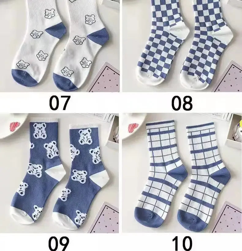 Women's Socks Warm Socks In Autumn and Winter Blue Socks Students High-top Striped Checkered Sports Stockings