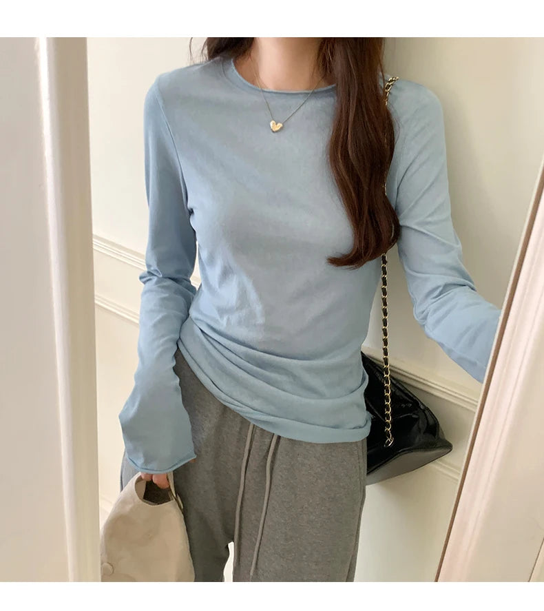 2025 Spring Autumn T shirt Women Tops Solid Slim Fit Long Sleeve O Neck Tshirts Female Casual Streetwear High Quality Base Tees