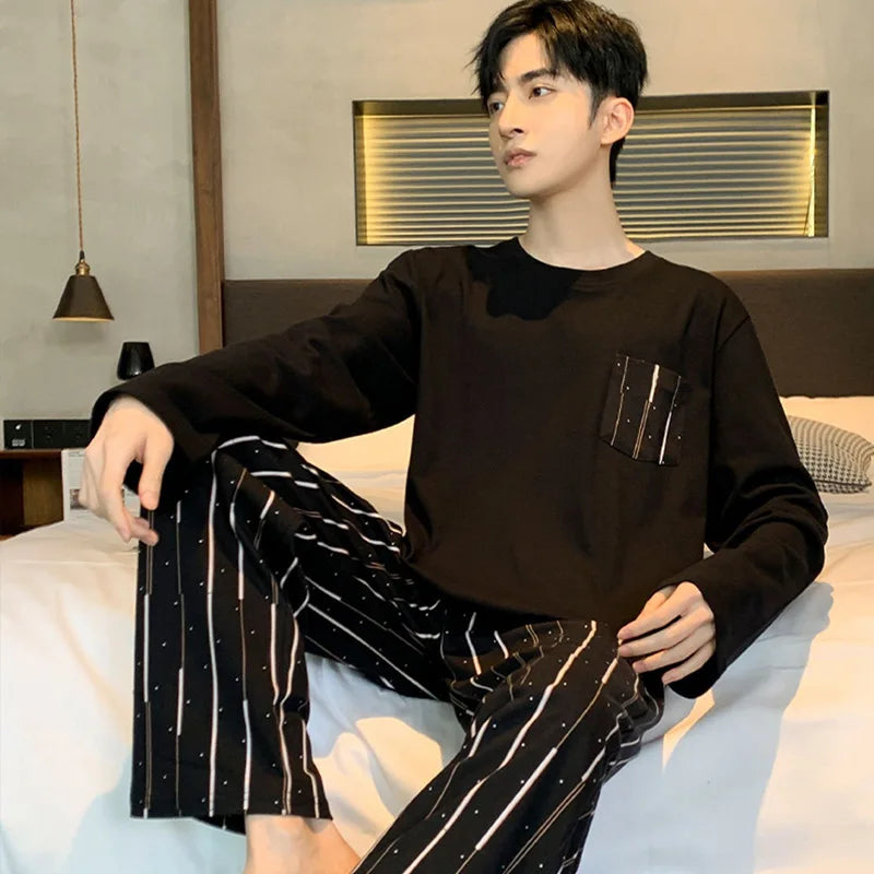 Plus Size Men Pajamas Autumn Winter Long-Sleeved Loose Leisure Cartoon Bear Striped 2PCS/Set Black O-Neck Soft Casual Loungewear