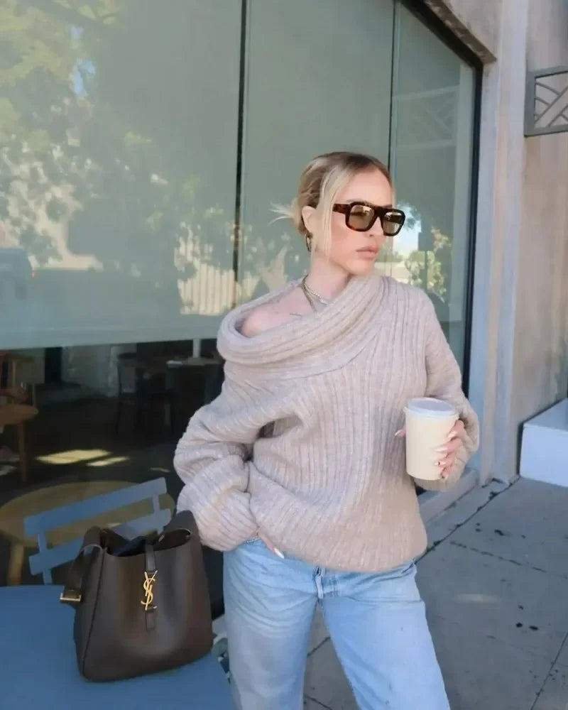 Tuularose Women's Off-Shoulder Sweater Fashion Loose Casual Brown Retro Pullover Spring High Street Office Lady Tops Knitwear