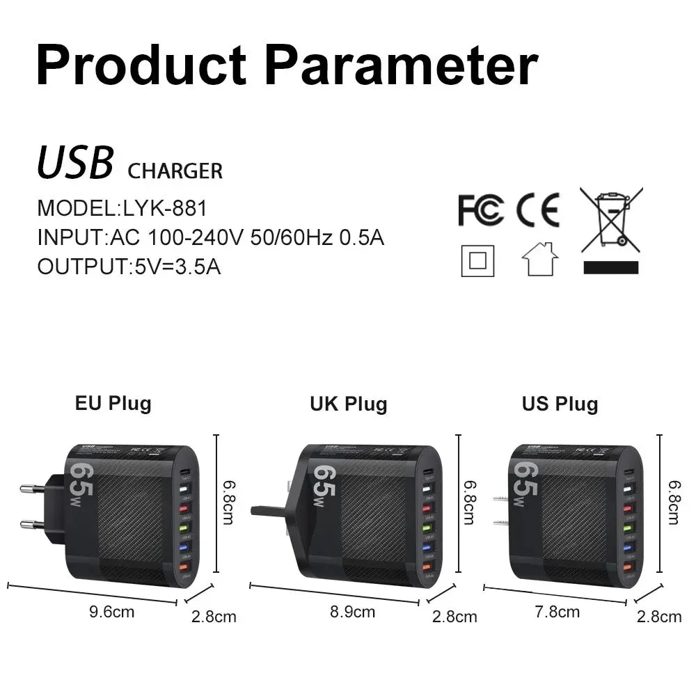 3.1A 5 Ports USB Charger PD Fast Charging Adapter For iPhone Xiaomi Samsung Mobile Phone EU/US/UK Plug Charge QC3.0 Wall Charger