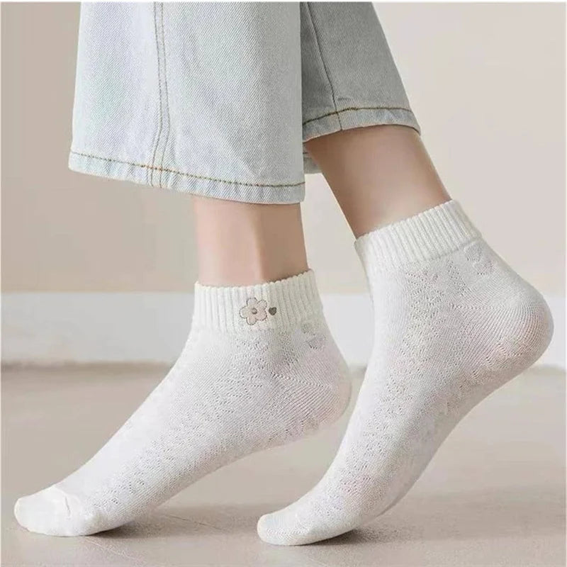 5pairs Women Socks Spring Summer Cute Bear Rabbit Rainbow Print Ankle Socks Casual Short Socks