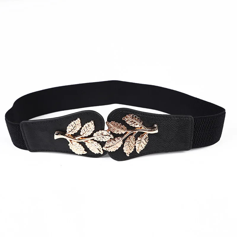 Women's Waist Cover Fashionable Gold Leaf Elastic Waist Closure With Double Hook Buckle Wide Belt Paired With Skirt Women Belt