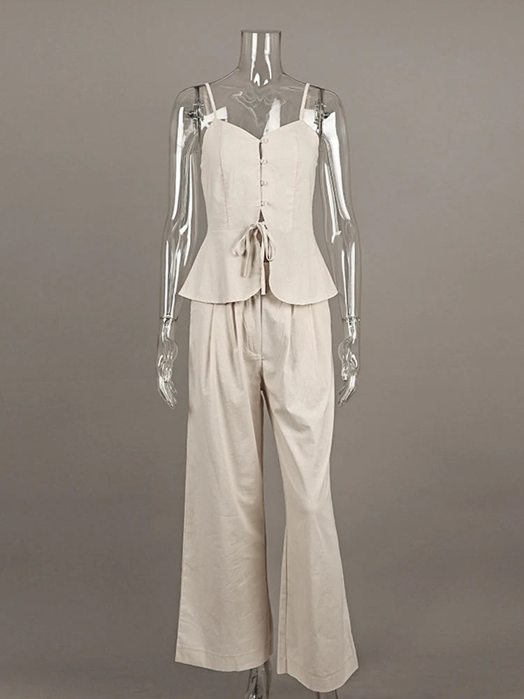 Mueyaruho Women 2026 Summer Office Pant Set Suits Solid Beige Outfits 2 Two Piece Wide Leg Matching Set For Women