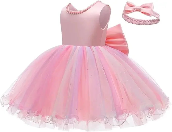Baby Dresses For 1st Birthday Girls Party Dresses with Headwear Bowknot Toddler Girl Princess Dress Backless Kids Wedding Dress