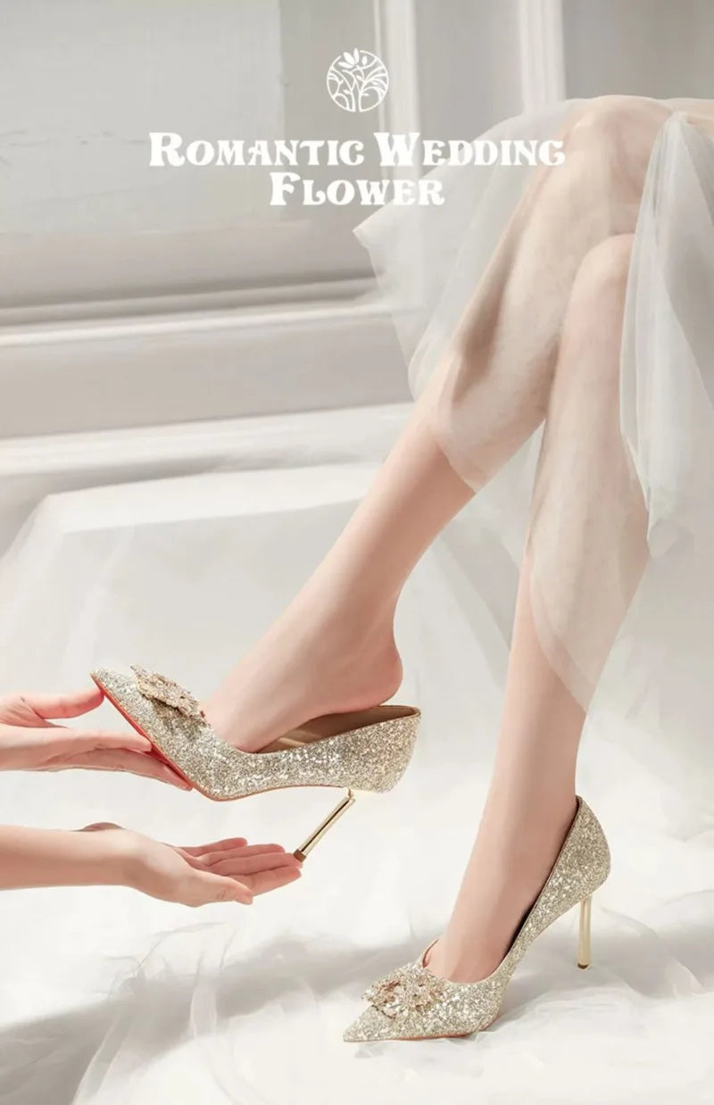Womens High Heel Shoes Fad Elegant Crystal Pointed Toe Pumps Retro Shallow Mouth Banquet Party Wedding Women Shoes Zapatos Mujer