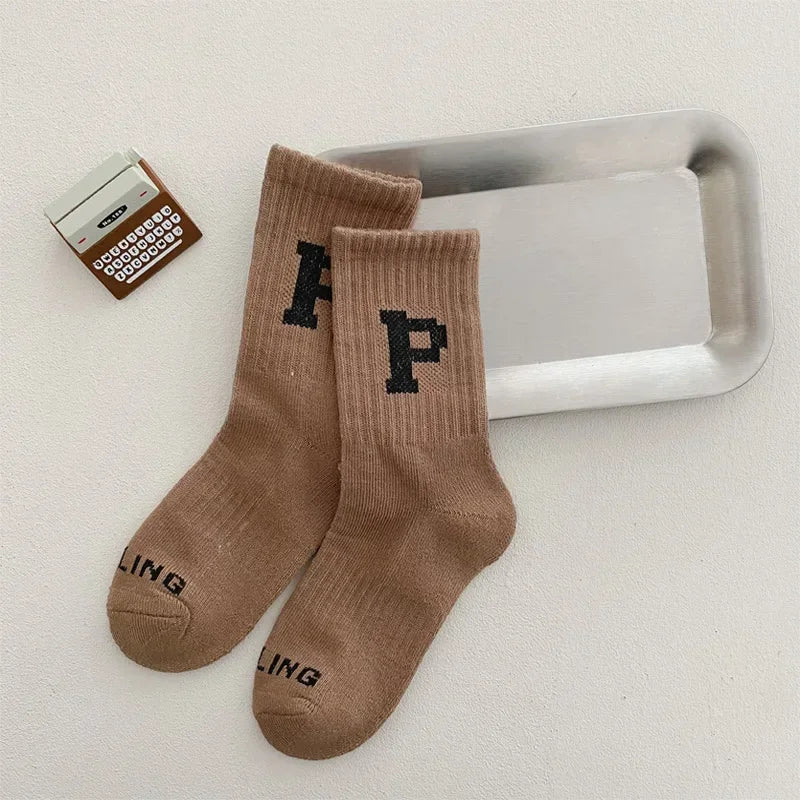 Korean Fashion Letter Socks Children Knit Cotton Middle Tube Socks Boys Girls School Casual Sports Socks 1-8years Old