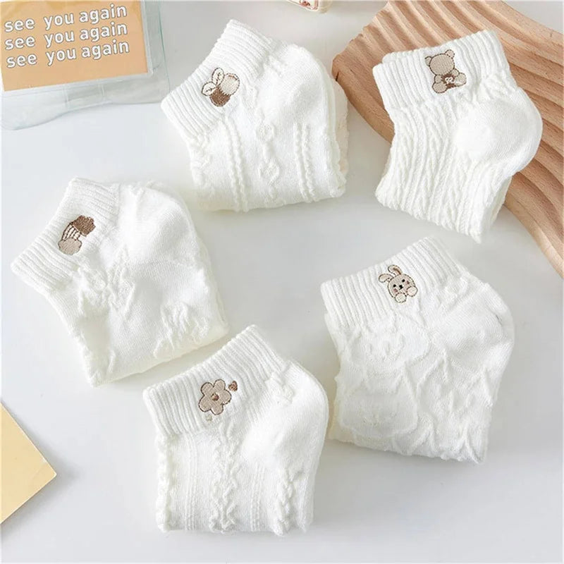 5pairs Women Socks Spring Summer Cute Bear Rabbit Rainbow Print Ankle Socks Casual Short Socks