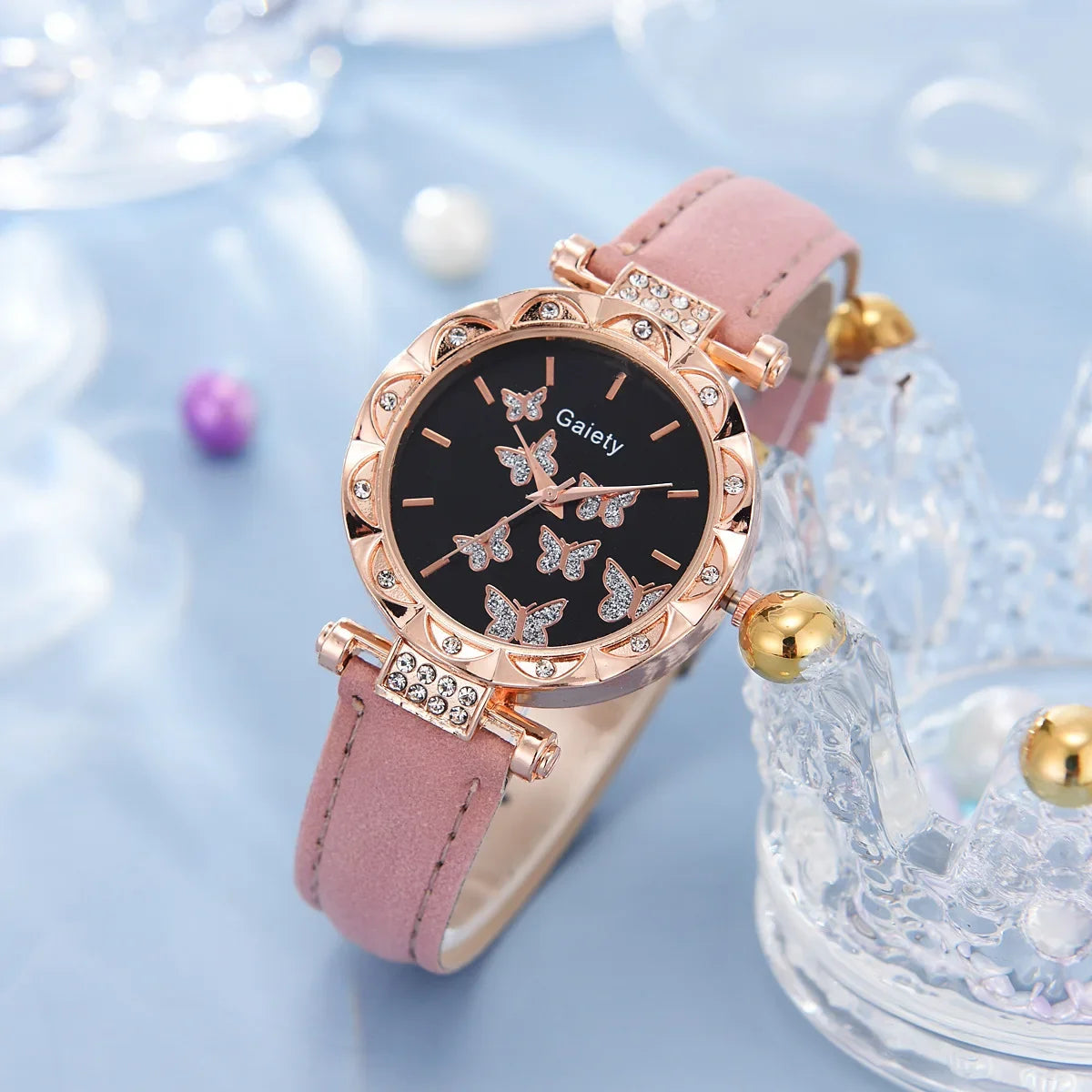 6/1pcs Set Watch for Women Cute Butterfly Crystal Rhinestone Women Watches Ring Necklace Earrings Bracelet Set (No Box) 시계
