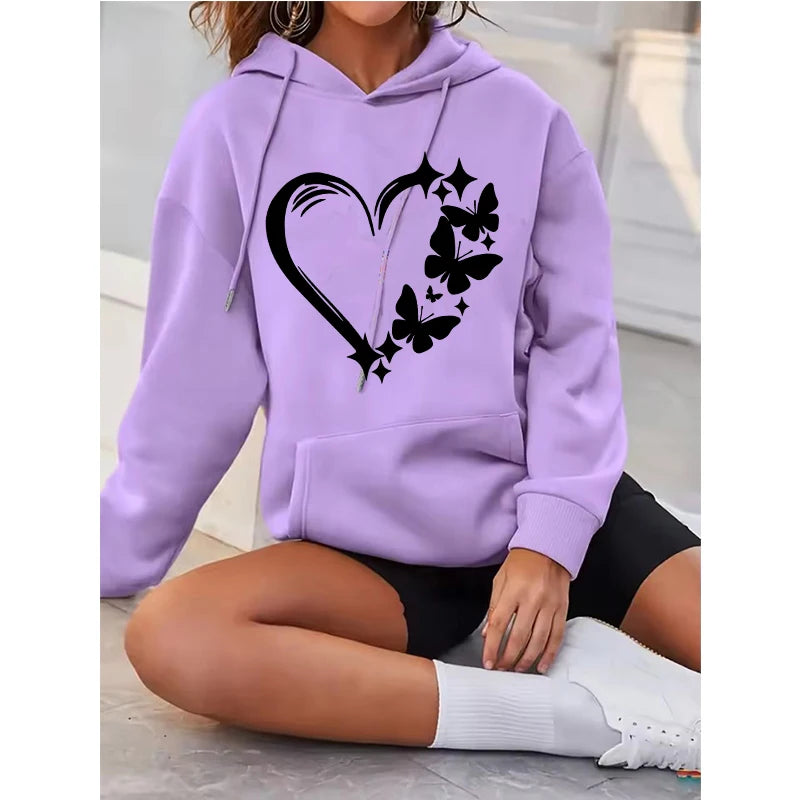 Combination of Love and Butterfly Pattern Long Sleeve Hoodies Women's Trendy Pocket Sweatshirt  Vintage Y2k Hooded Clothing