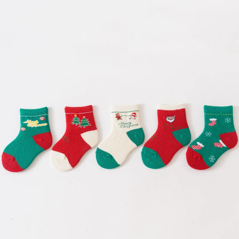 5Pairs Children Christmas Socks Thicken Cotton Newborn Warm Sock Autumn Winter Baby Mid Tube Sock 0-3year Boys Girls Footwear