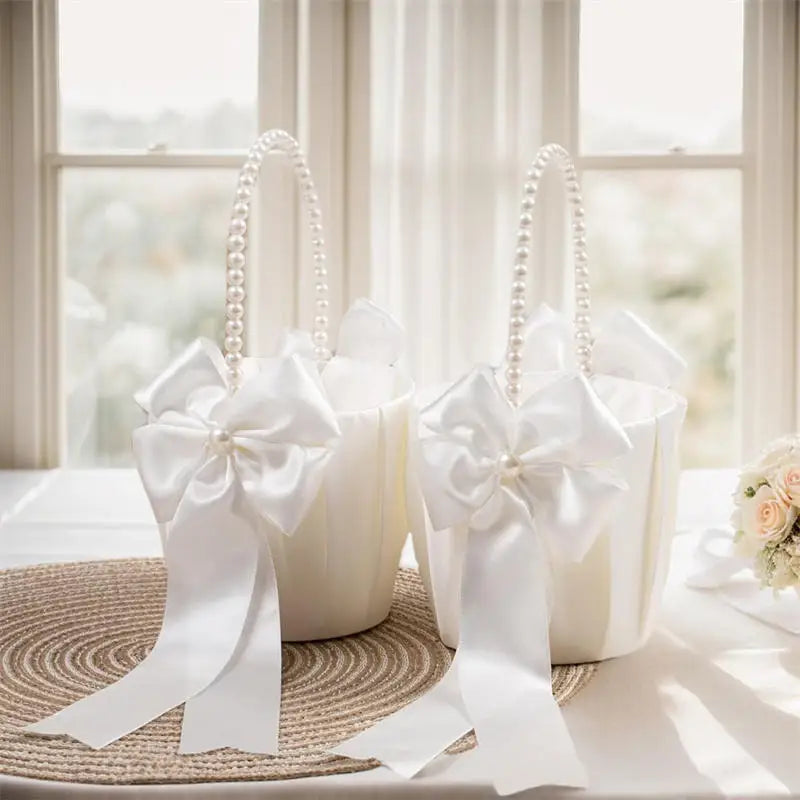 1-2pcs Pearl Handle Flower Basket Satin White Western Rustic Bowknot Wedding Basket Foldable Flower Basket For Floral Petals