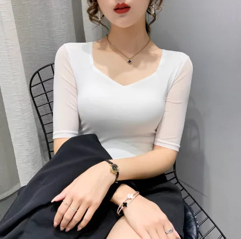 Autumn Winter Round Neck T shirt Women Sexy Mesh Bottoming Shirt Long Sleeve Solid Color Slim Fit Long Sleeve Casual Tops