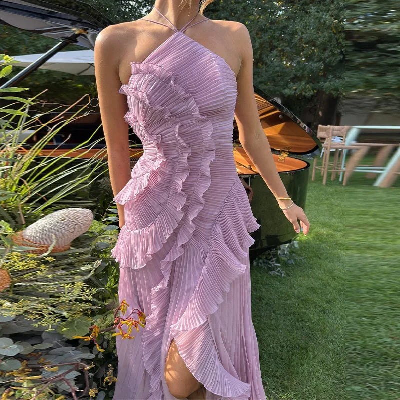 Sweet Gown Neck Strap Modest Irregular Long Dress Ruffle Eye-Catching Women Designers Dresses Summer Elegant Pastel Party Date