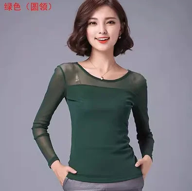 Autumn Winter Black White Bottoming Shirt Round Neck Solid Mesh T Shirt Korean Fashion Women Tops