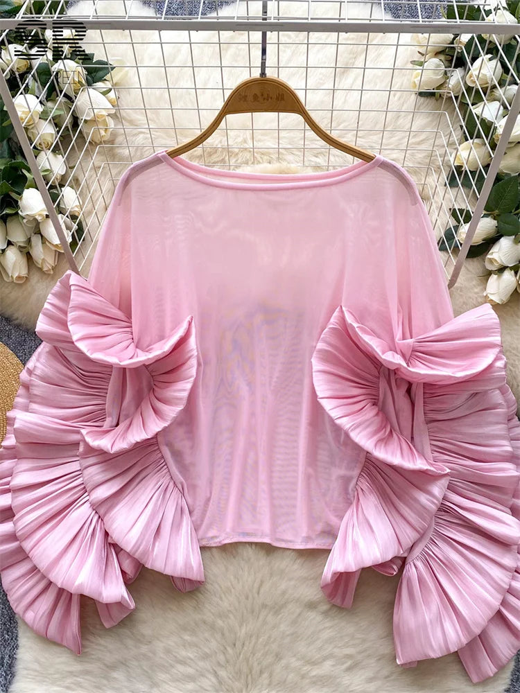 SINGREINY Autumn Ruffles Party Blouses Female O Neck Long Sleeves Temperament Mesh Shirts Women Senior Sheer Loose Thin Tops