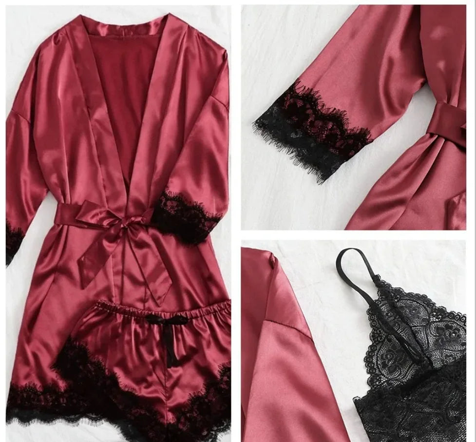 new Women's Sleep Lounge New Pajama Sets European American 4-piece set with lace satin suspender summer set for sleeping pajamas