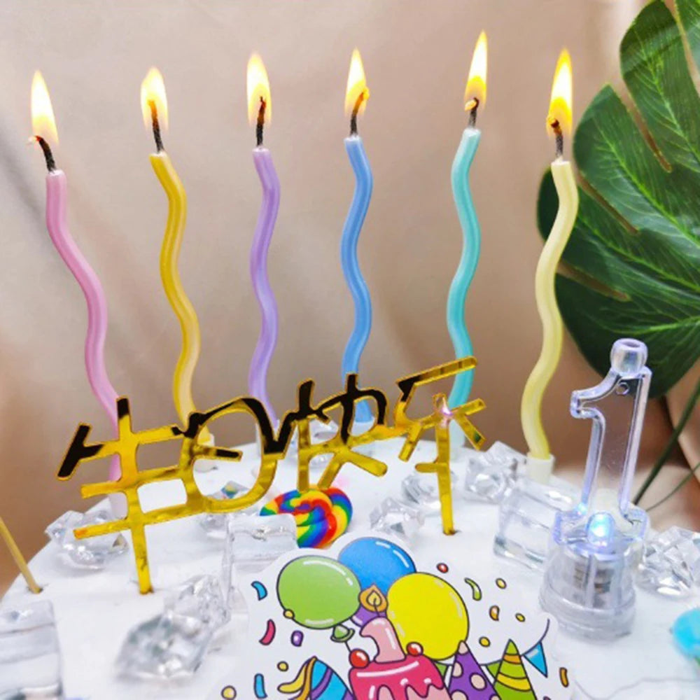 Six Birthday Candles In Various Colors, Including Curved, Rotating, Spiral Cakes, For Baking