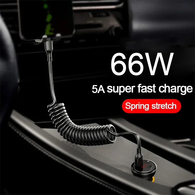 USB Type C 66W Car 5A Fast Charging Type C to Type C Spring Telescopic Cable For iPhone 15 Samsung Huawei Xiaomi Redmi OnePlus