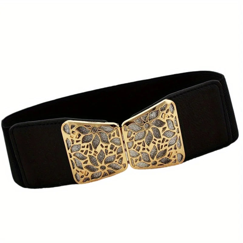 Vintage Buckle Wide Elastic Belt Black Waistband Solid Color Decorative Belts Dress Girdle For Women