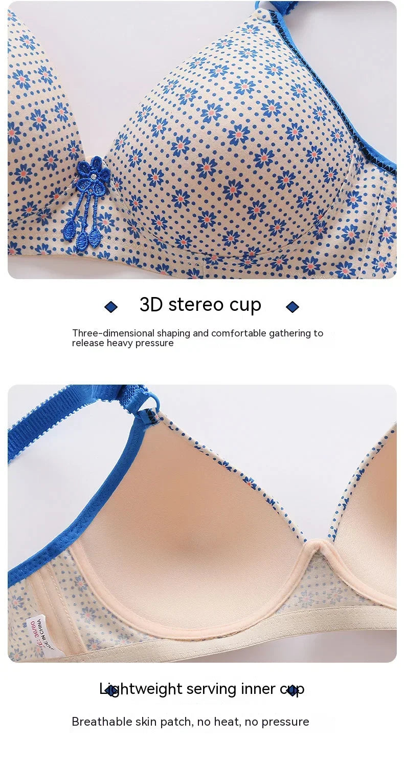 Ladies Mum Printed Bra Thin Section Mom Underwear Women Comfortable Bras Without Steel Ring Back Three Rows Of Buckle Brassiere