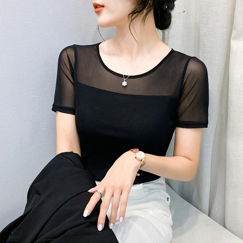 Summer New round Ne ort Sve Me Base irt Sexy Dance Inner Wear Slimming  Color Top Thin T-irt Casual Sle
