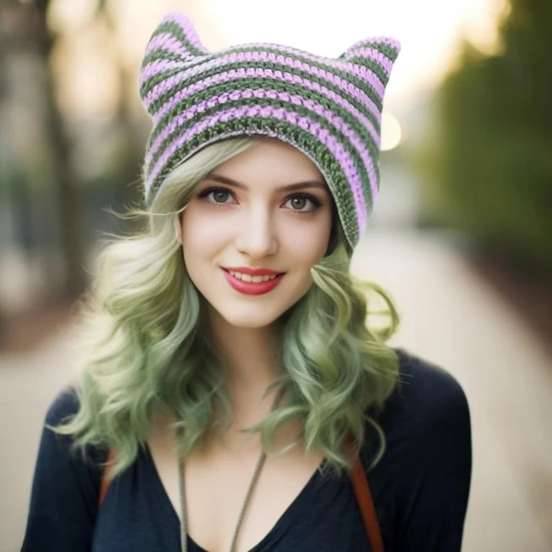 New Japanese Streetwear Harajuku Beanie Little Devil Striped Knitted Hat Women Girls Autumn Winter Cute Cat Ears Cap