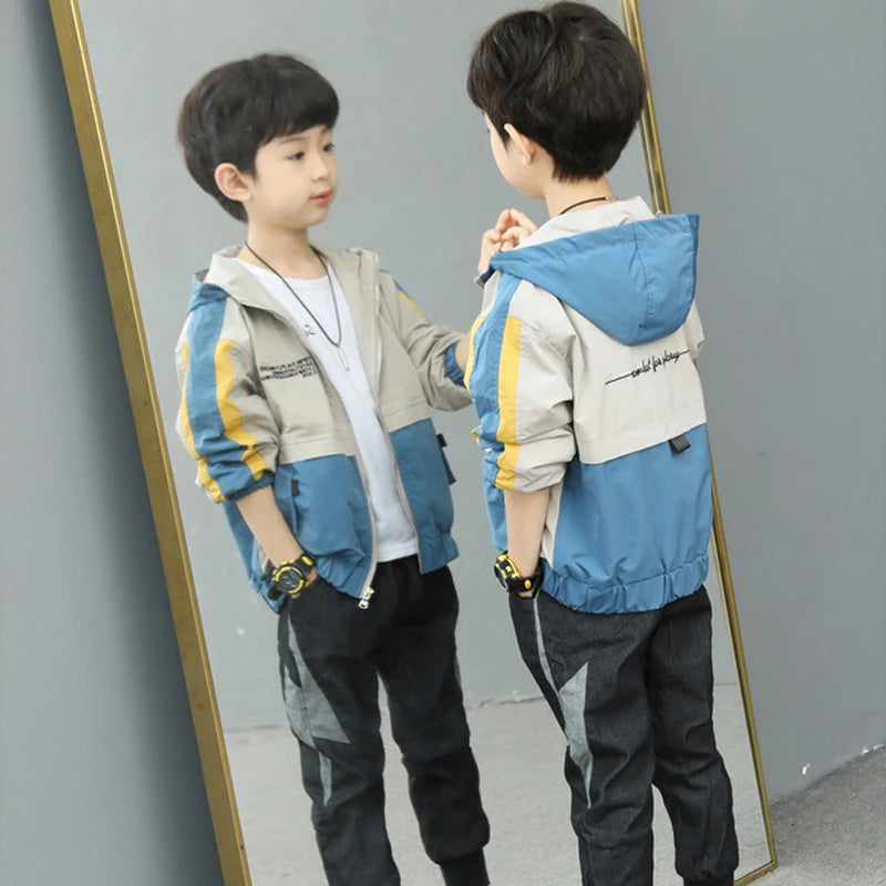 2025 New Splicing Boys Coat Spring Autumn Letter Printing Handsome Hooded Windbreak For 4-12 Years Kids Sports Leisure Outerwear