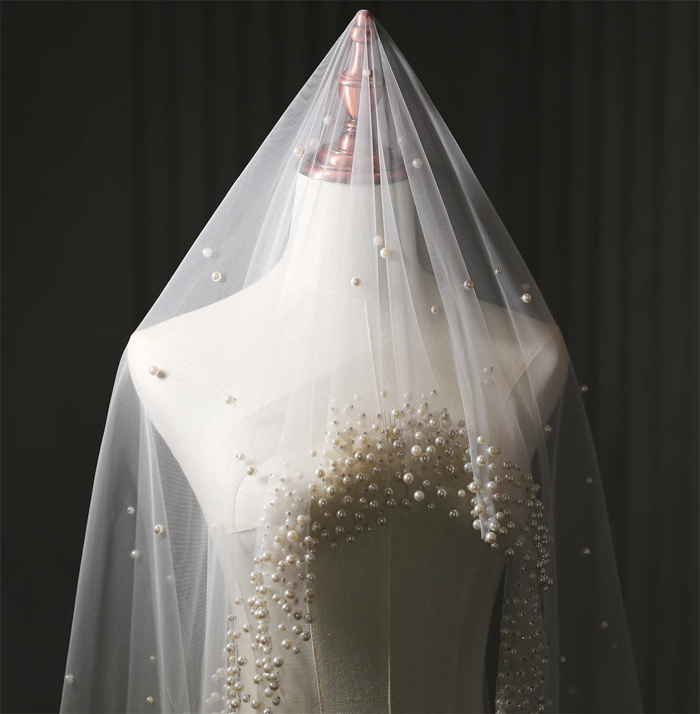 Pearls Wedding Veil 1 Layer Long Bridal Cathedral Veil With Pearls Mantilla Luxurious Tulle Crystal Bride Veil Hair Accessories