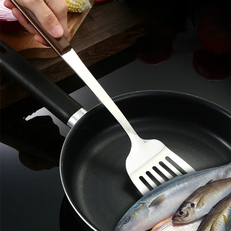 Kitchen Wooden Handle Wok Spatula Cooking Utensils Stainless Steel Frying Shovel Colander Soup Rice Spoon Kitchenware Tools