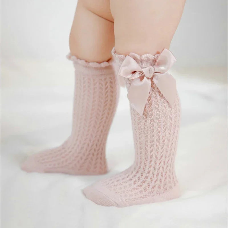 Simmer Spring Mesh Thin Cotton Korean Bow White Stockings Baby Princess Knee High Long Socks with Lace Ruffles for Newborn Girls