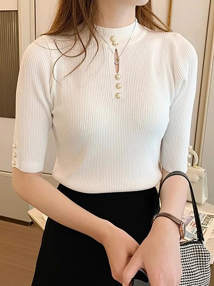 2025 Spring Autumn Korean Fashion Solid Sweater Women Short Sleeve Tops Pull Femme Casual Slim Female Pullover Knitted Clothes