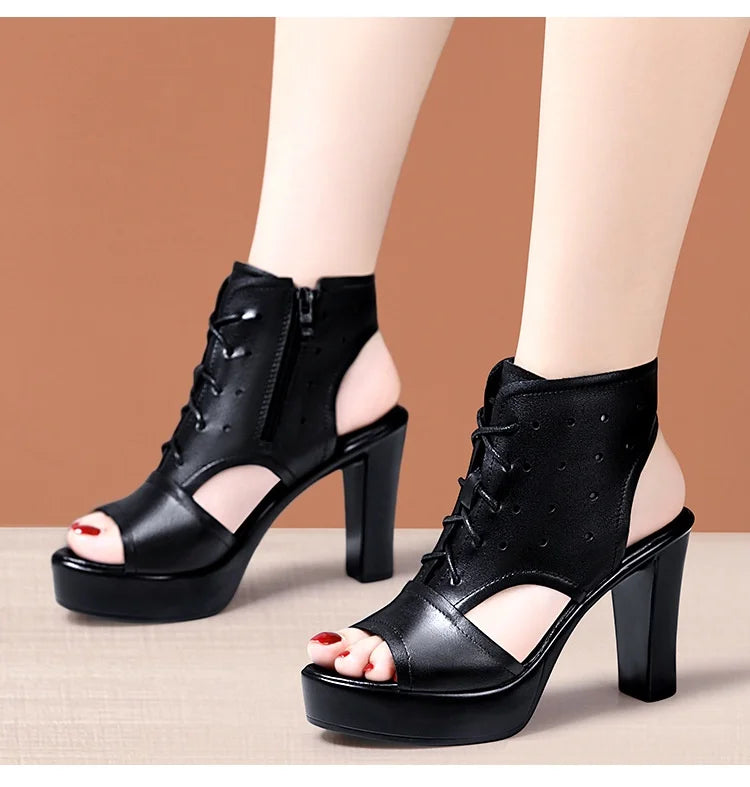 8cm 10cm Small Size 32-43 Fashion Black Block High Heels Gladiator Sandals 2024 Women's Platform Shoes for Office Model Mom