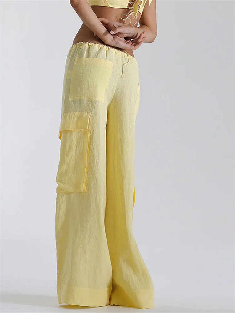 Women's Loose Cargo Pants Solid Color Drawstring Wide Leg Trousers with Pockets Casual Sweatpants Streetwear