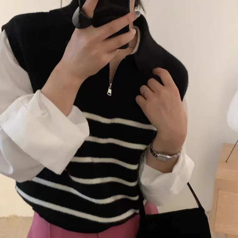 Retro lapel zipper stripe knitted waistcoat women Autumn Winter Korean fashion sleeveless sweaters casual simple pullover vest