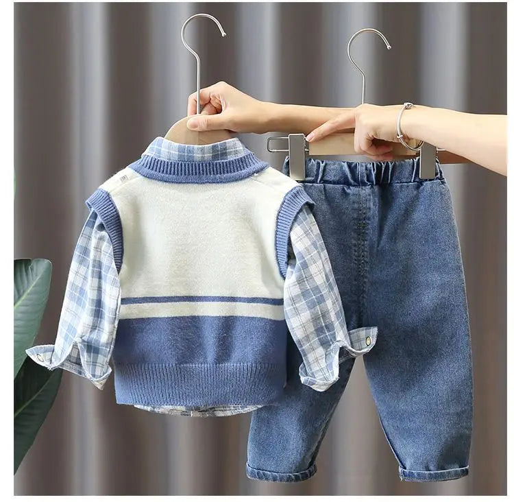 Boys' Baby Autumn Suit 2024 New Children's Fashionable Clothes Spring and Autumn Vest Shirt Jeans 3 Piece Set