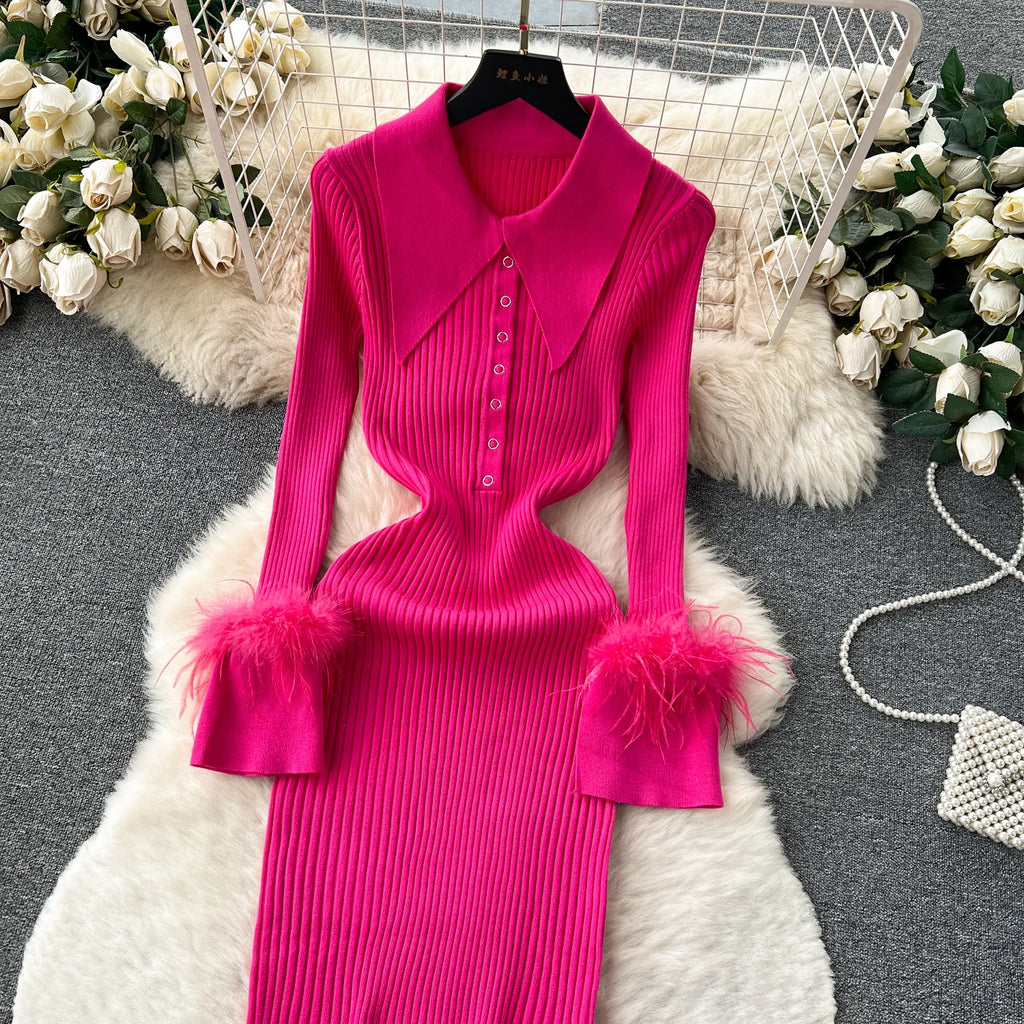 YuooMuoo Women Dress 2025 Autumn Winter Elegant Fur Long Sleeve Knitted Sweater Dress Chic Lady Wrap Hips Bodycon Long Vestidos