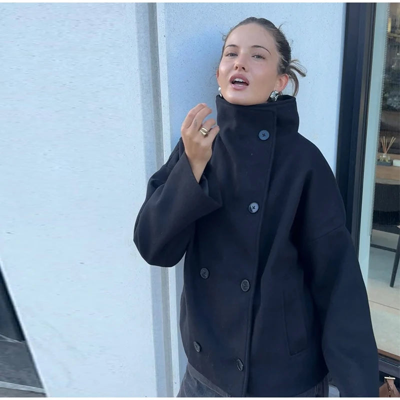 Elegant Women's Short Woolen Coats Stand Collar Double Breasted Long Sleeve Female Jacket 2025 Autumn Winter Lady Warm Outwear