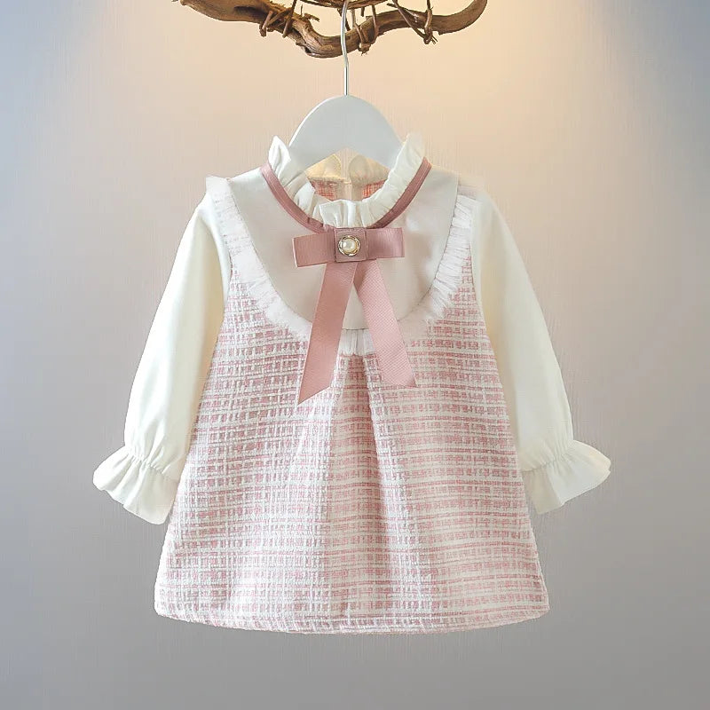 Girls Long Sleeve Skirt Cute Loose Dress Outer Wear Spring New Korean Style Clothing Kids Casual Fashion Round Neck Bow Skirt