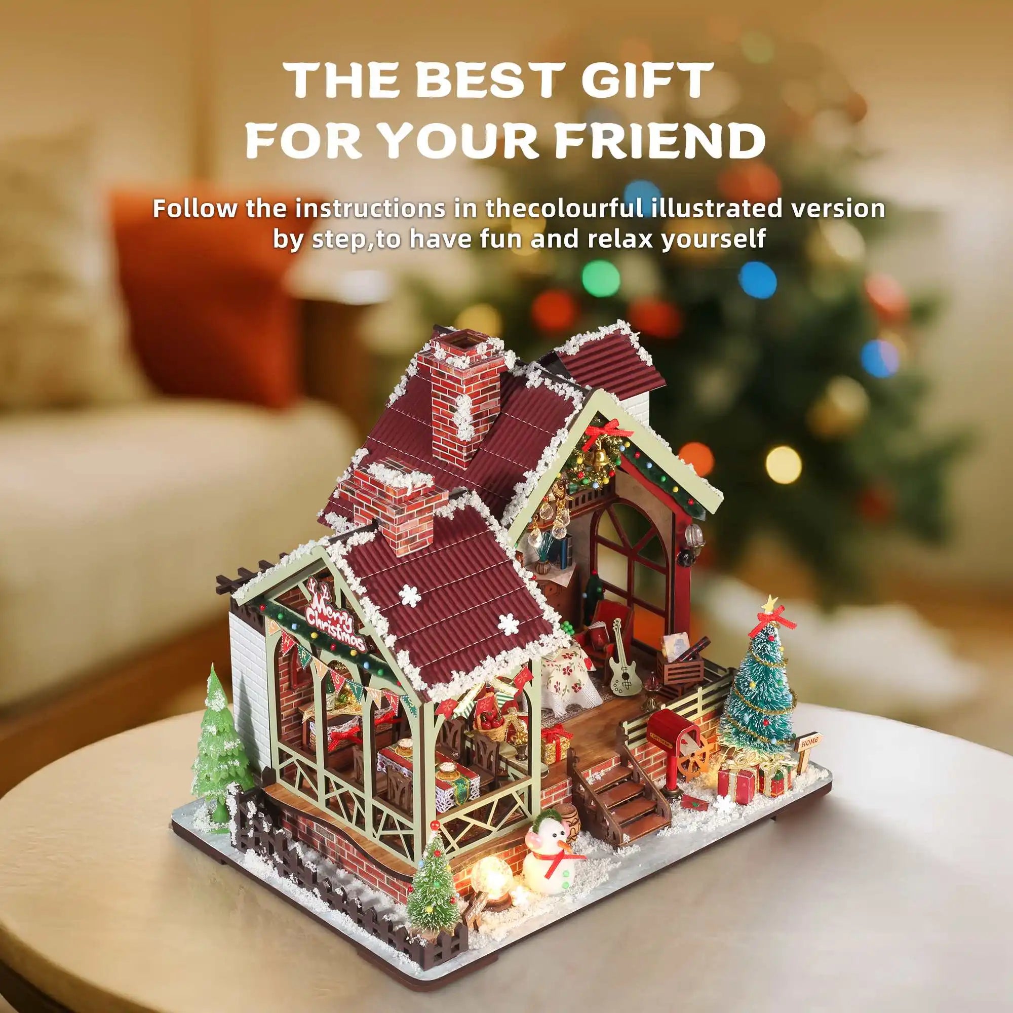 Christmas Night Warm House - Miniature Dollhouse DIY Kit with Music Box, Desktop Decor, Creative Gift (English Color Box)