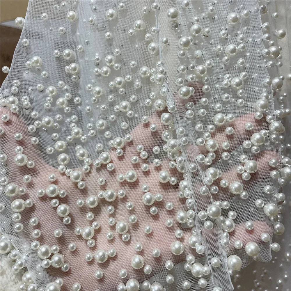 1Tier Wedding Veil With Pearls Long Luxury Bridal Veil with Comb Scattered Dense Pearls Cascading Mantilla Cathedral Custom Veil