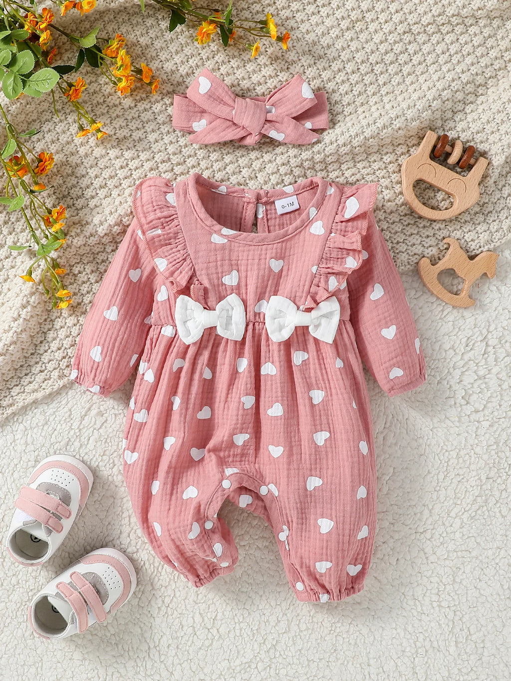 Baby Girl's All Seasons Long Sleeve Print Floral With Bow Daily Jumpsuit For Newborn-6M Clothes +Headband
