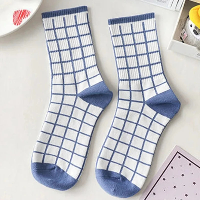 Women's Socks Warm Socks In Autumn and Winter Blue Socks Students High-top Striped Checkered Sports Stockings