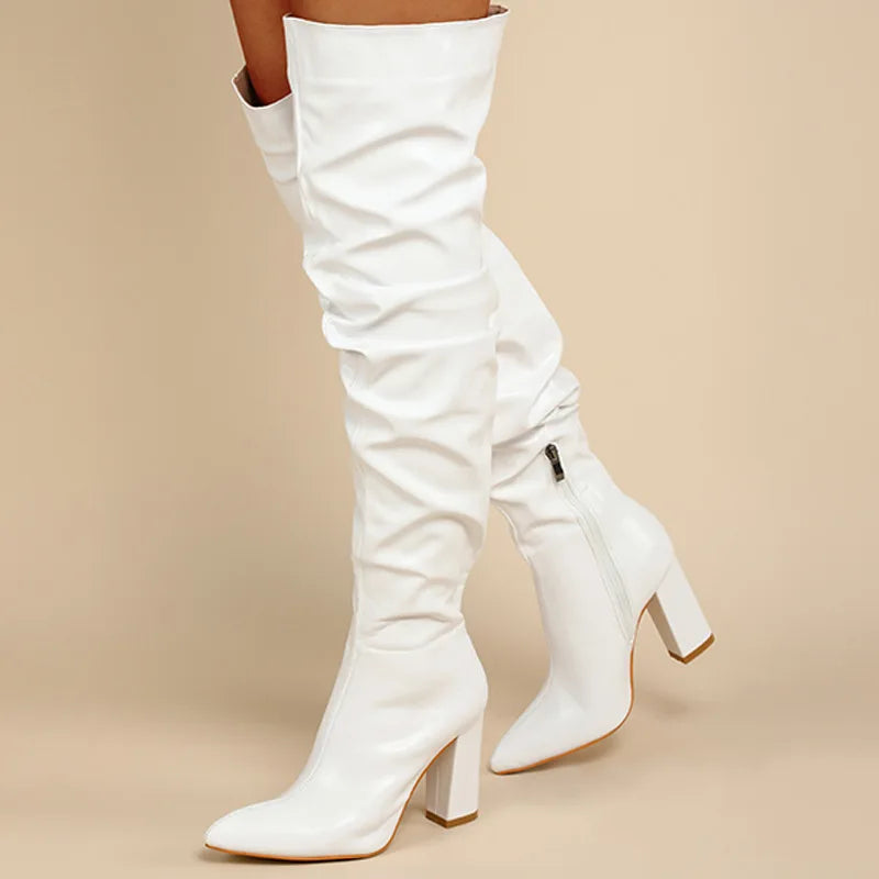 Sexy High Quality Pleated cowhide Leather Motorcycle Over The Knee Boots Women Fashion Pointed Toe Thigh High Lady Shoes Large