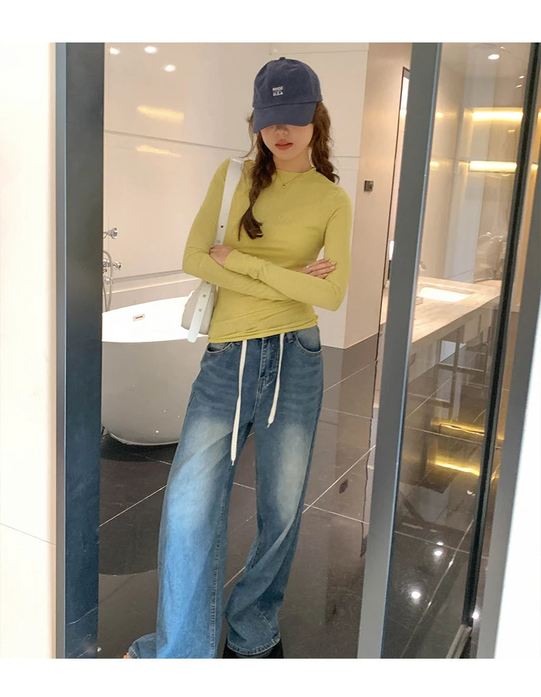 2025 Spring Autumn T shirt Women Tops Solid Slim Fit Long Sleeve O Neck Tshirts Female Casual Streetwear High Quality Base Tees