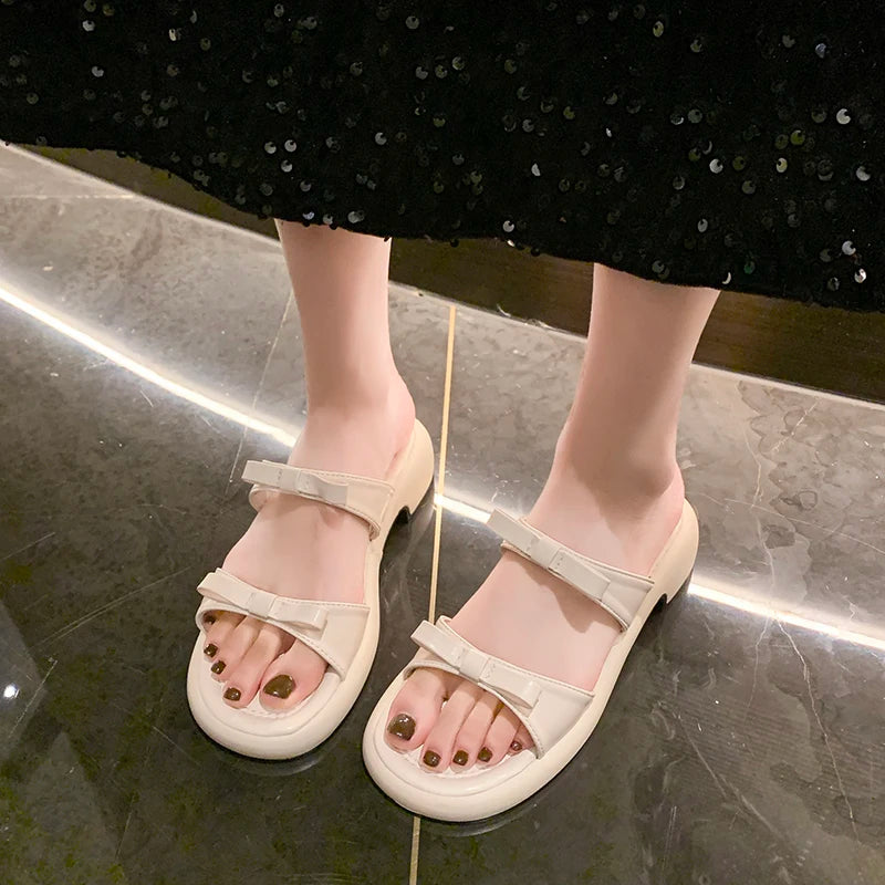 Summer Women Platform Slide Sandals Bow Decor Open Toe Non Slip Soft Sole Casual Shoes for Daily Outdoor Beach Vacation Wear
